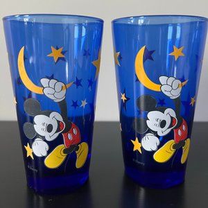 Vintage Walt Disney Mickey Mouse Blue Color Glass Tumblers QTY 2